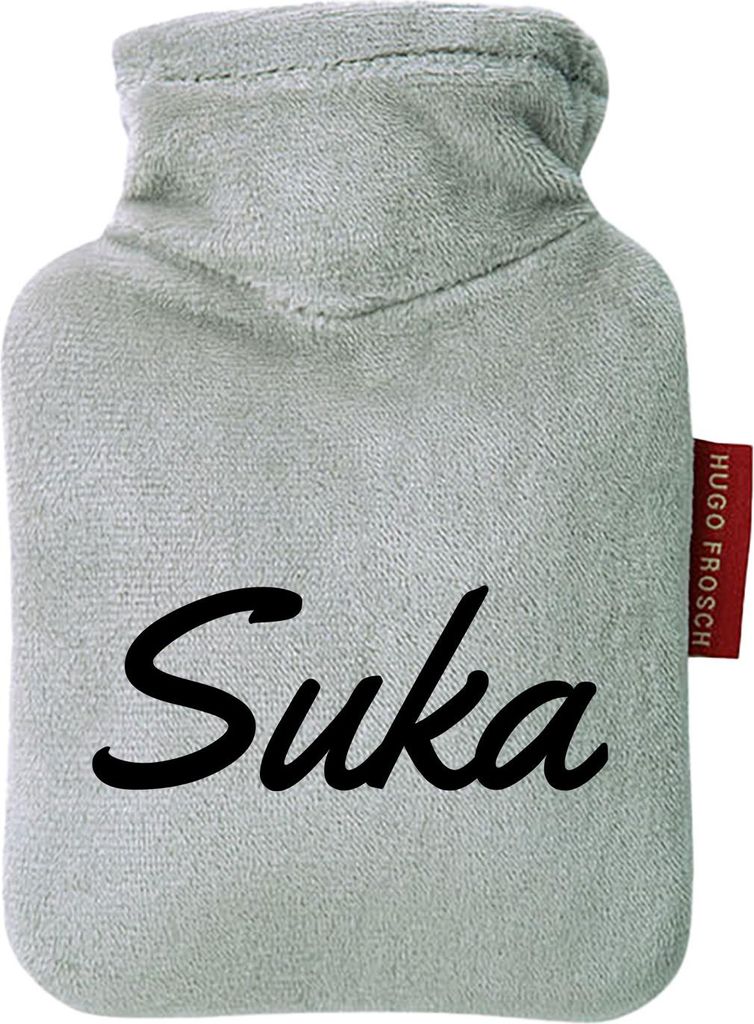 Huuraa Mini-Wärmflasche Suka russisch Schriftzug 0,2 Liter Grey Mini Veloursbezug Taschenwärmer Geschenkidee