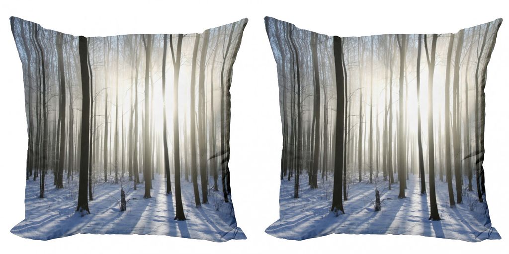 ABAKUHAUS Wald Kissenbezug Set (2Stück), Winter Forest an einem Dezember Morgen Snowy Sunshine Shadows Trunk, 45x45cm, Blassgelb Blaugrau