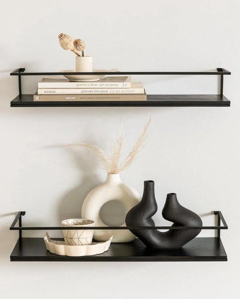 Étagère de rangement murale chêne noir et métal pour salon ou bureau