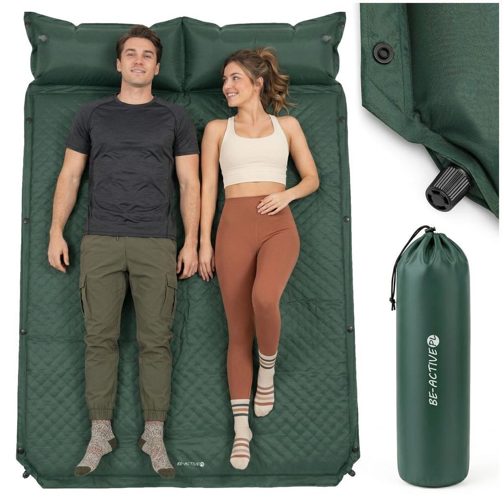 Isomatte mit Kissen für 2 Personen, liegematte selbstaufblasend, faltbar Camping Schlafmatte, 186x130x3 cm Camping, Trekking dunkelgrün