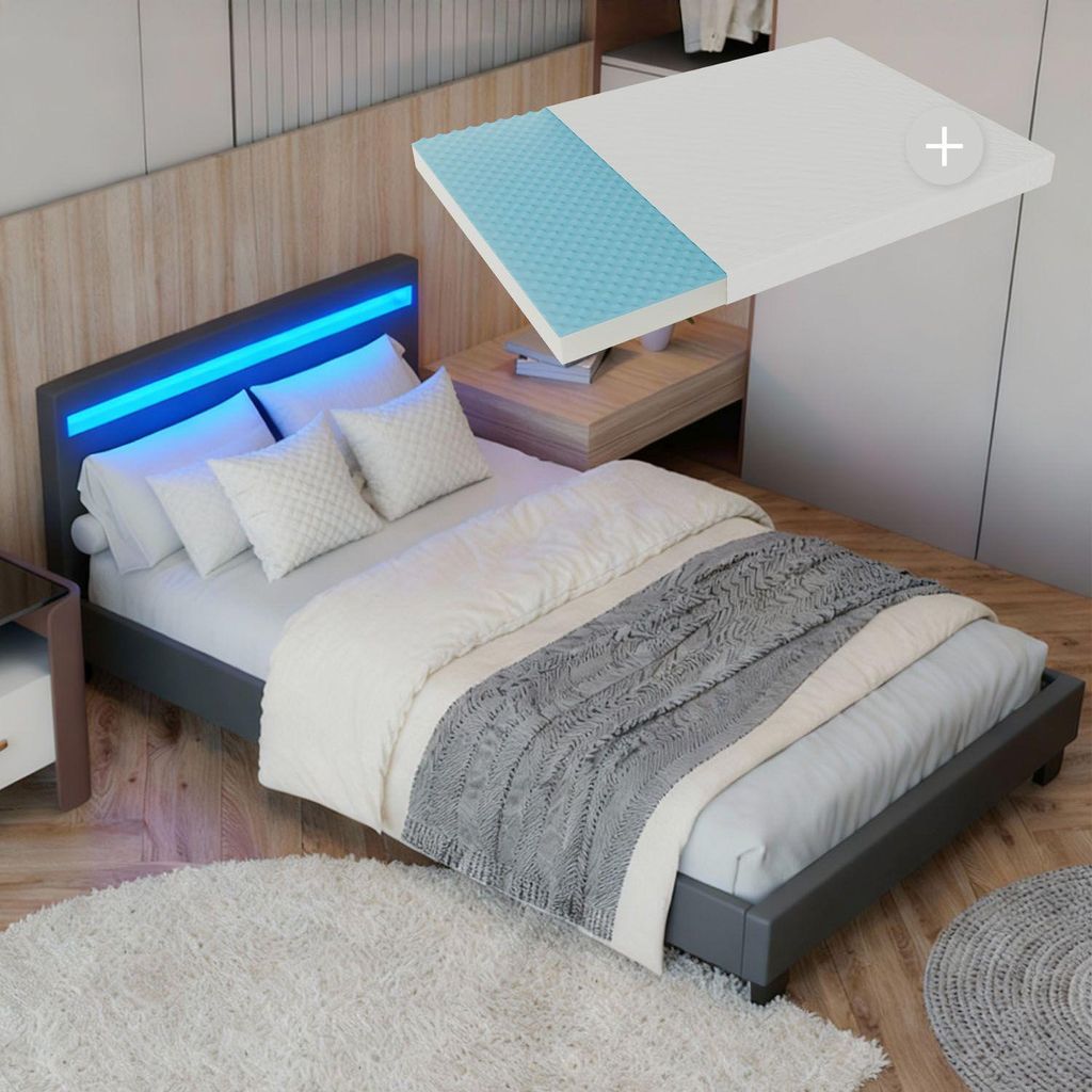 Juskys Polsterbett Paris - 90x200 cm - Bettgestell inkl. LED-Beleuchtung, Lattenrost & Matratze - grau - Stoff - Einzelbett Jugendbett