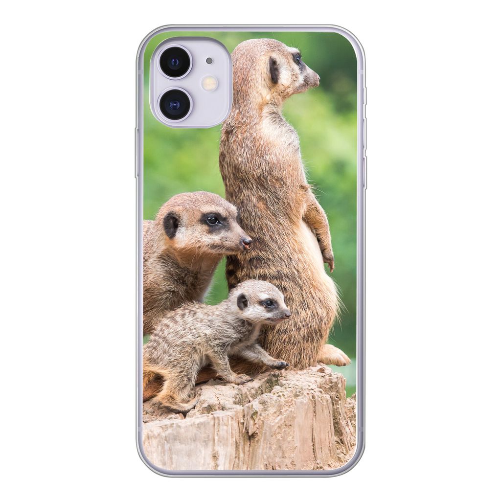 MuchoWow Handyhülle Schutzhülle Hülle für iPhone 11 Erdmännchen - Baumstumpf - Jungtier Silikon Softcase Handy Hülle - Handytasche