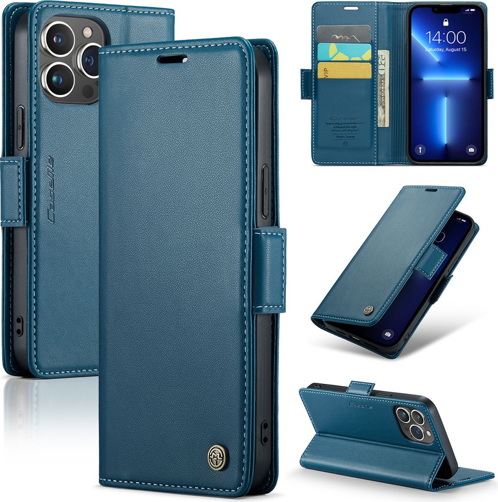 iPhone 13 Pro Hülle, Leder Brieftasche Kartenfach Schutzhülle mit Standfunktion für iPhone 13 Pro Blau