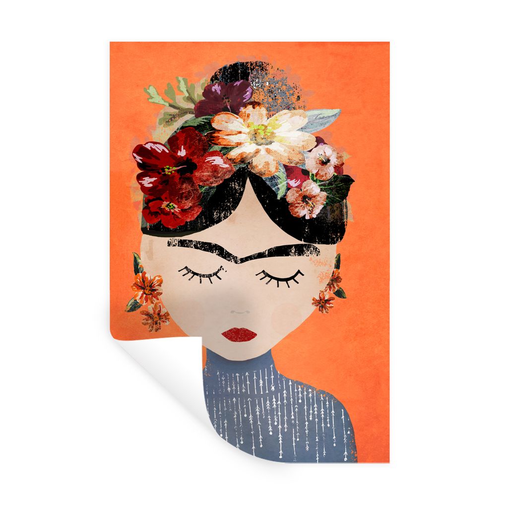 MuchoWow Wandtattoo Wandsticker Wandaufkleber Porträt - Frida Kahlo - Orange - Frau - Blumen 80x120 cm Selbstklebend und Repositionierbar - Repo...