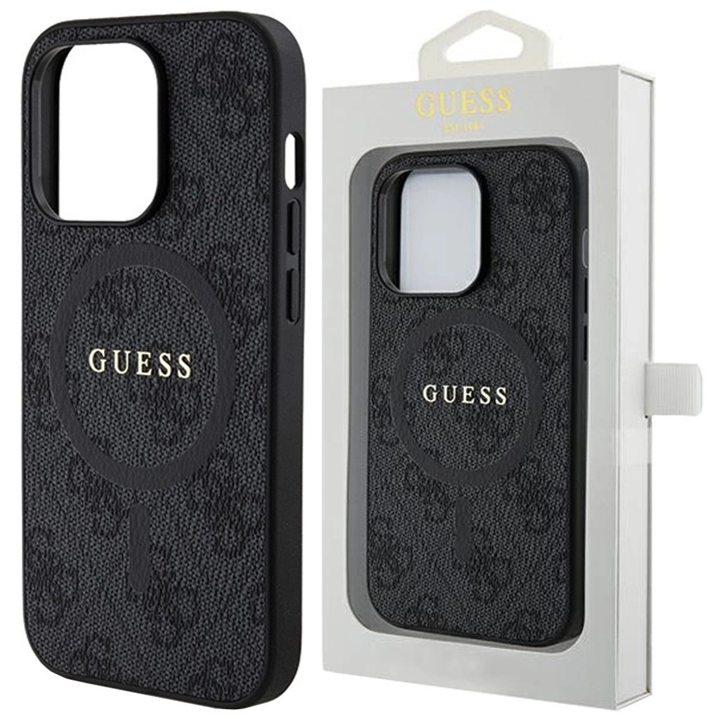 A black Guess phone case is shown next to its packaging.