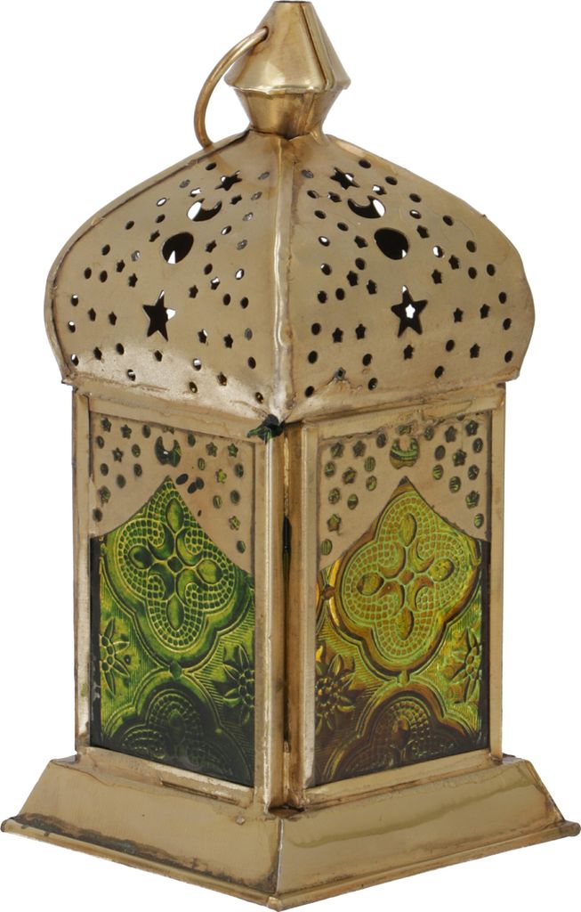 Orientalische Metall/Glas Laterne in Marrokanischem Design, Zweifarbige Laterne - Grün/gelb, Glas,Metall,Eisen, 14,5*7*7 cm, Orientalische Laternen