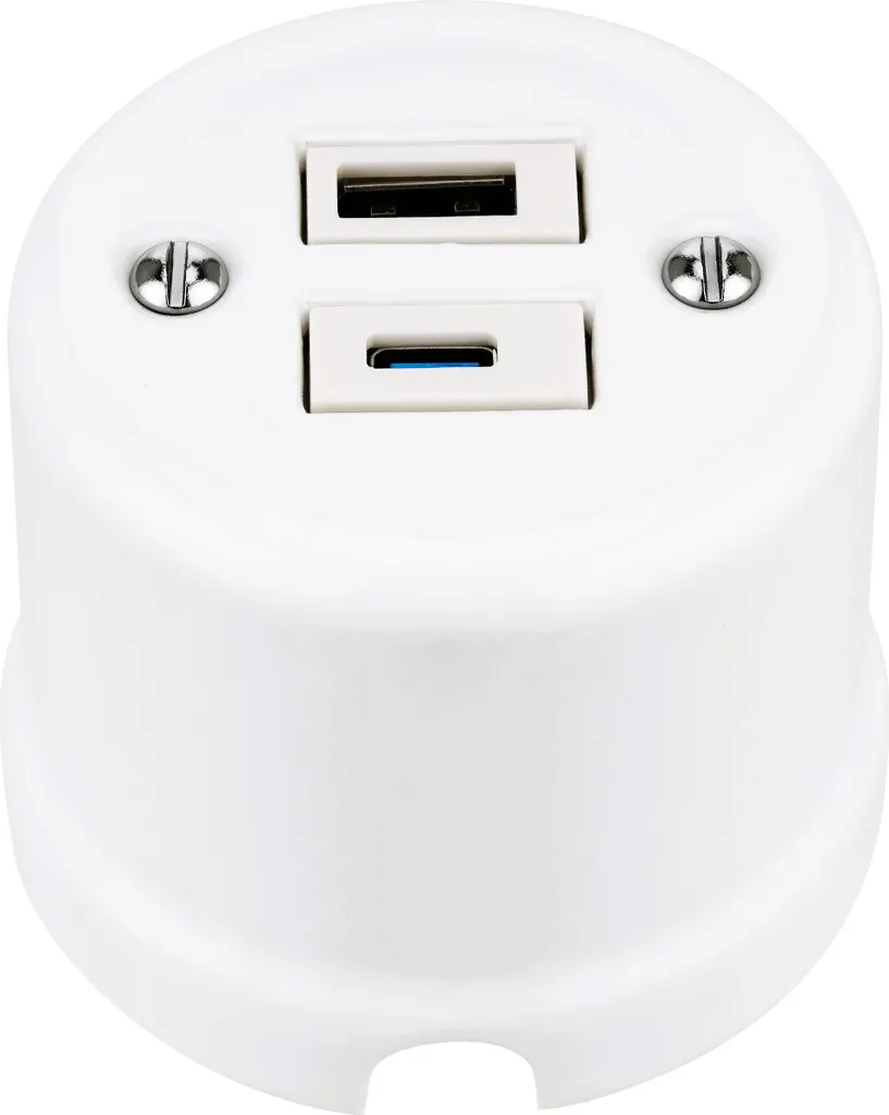 Prise double en céramique blanche style ancien avec ports USB-A et C