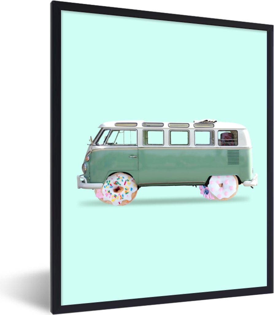 MuchoWow Gerahmtes Poster Donuts - Lieferwagen - Auto - Grün 60x80 cm - Poster mit Schwarzem Bilderrahmen Wandposter Rahmen Foto Bilder - Premiu...