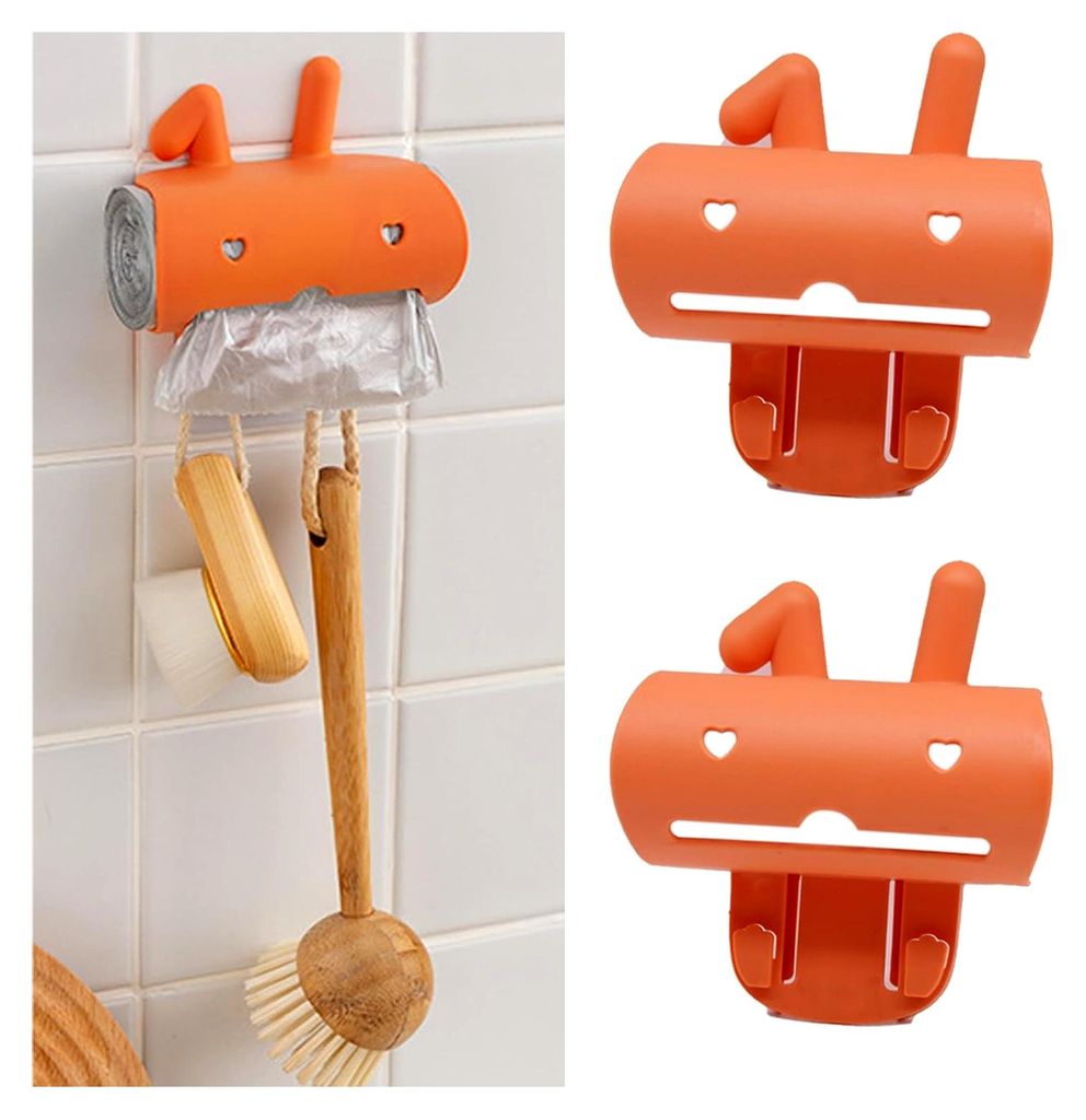 Wandmontierter Müllbeutelhalter Organizer, Müllsack-Organisator, Wandhalter mit Haken, Spender für Schlüsselanhänger, 2 Stück (Oranger Hase)