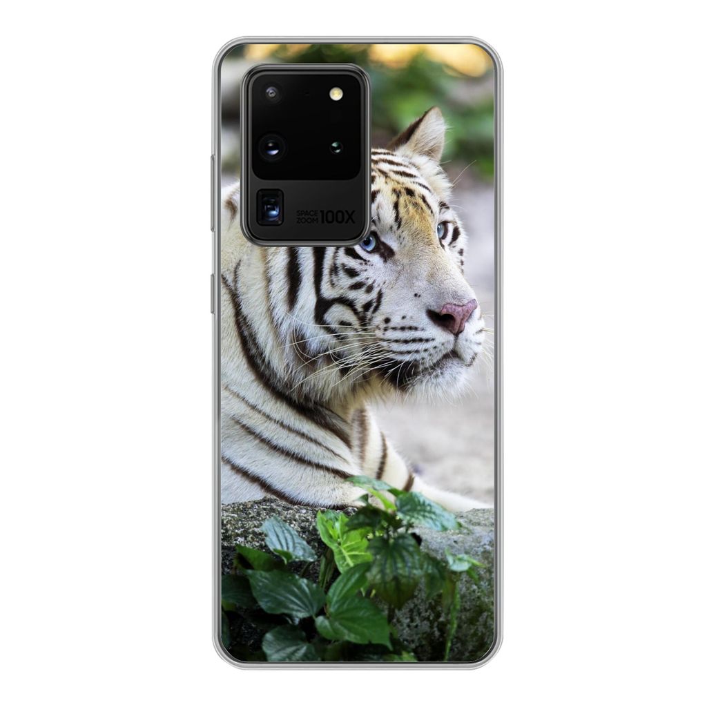 MuchoWow Handyhülle Schutzhülle Hülle für Samsung Galaxy S20 Ultra Tiger - Weiß - Sand Silikon Softcase Handy Hülle - Karteninhaber