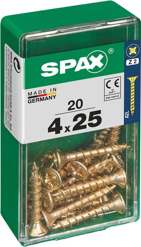 SPAX Universalschraube, 4 x 25 mm, 20 Stück, Vollgewinde, Senkkopf, Kreuzschlitz Z2, 4CUT, YELLOX - 4081020400251