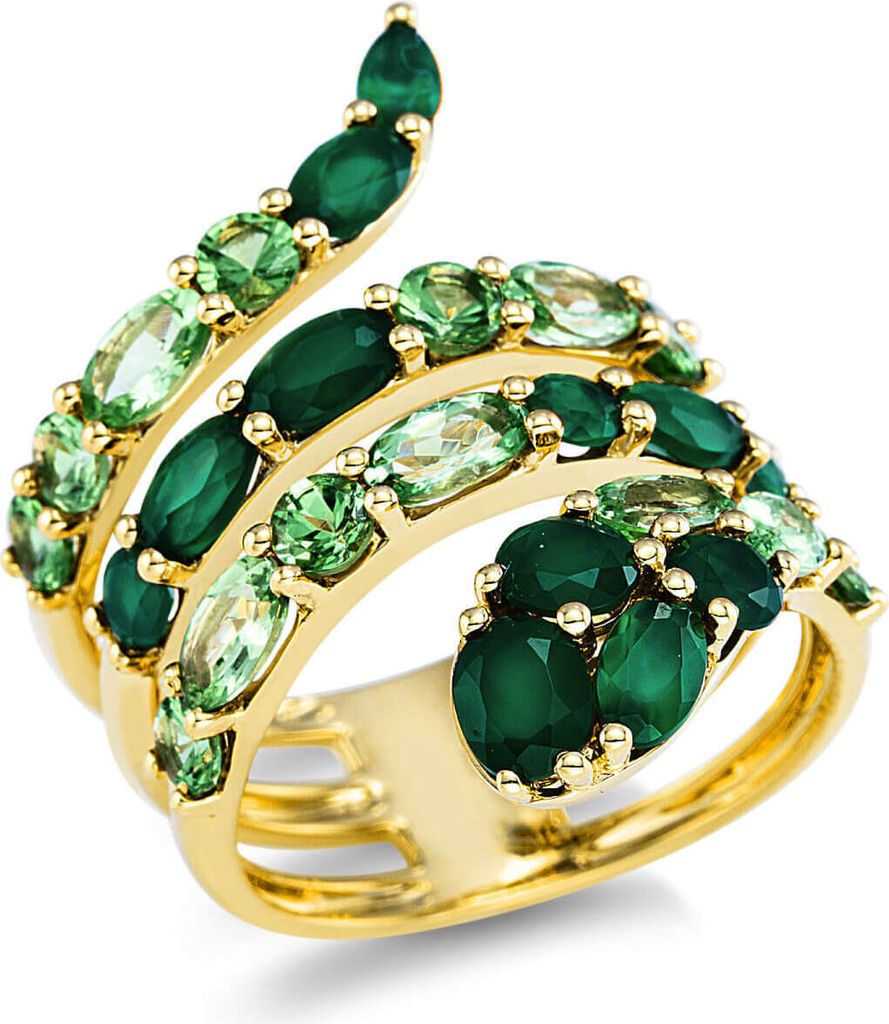 Ring Schlange aus 750 Gold Gelbgold 26 Achate 4,6ct grün B:25,8mm Innenumfang 54mm Ø17.2mm