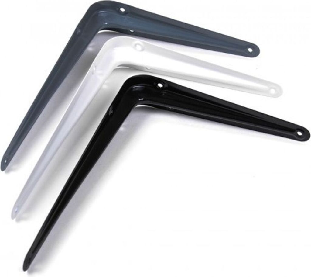 Three shelf brackets in different colors (gray, white, and black) are arranged diagonally on a white background.