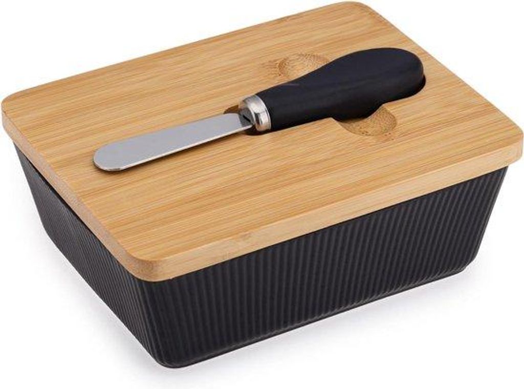 Keramische Zwilling-Bamboe-Botervloot in Schwarz, 155 x 119 x 58 cm, mit Abdeckung und Messer