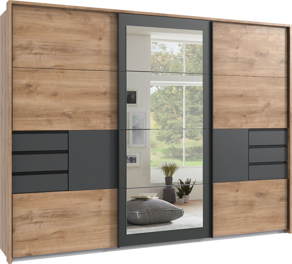 Schwebetürenschrank Kleiderschrank 273 Passep. Spiegel Schubl.Grafit Eiche Nachbildung / 22506