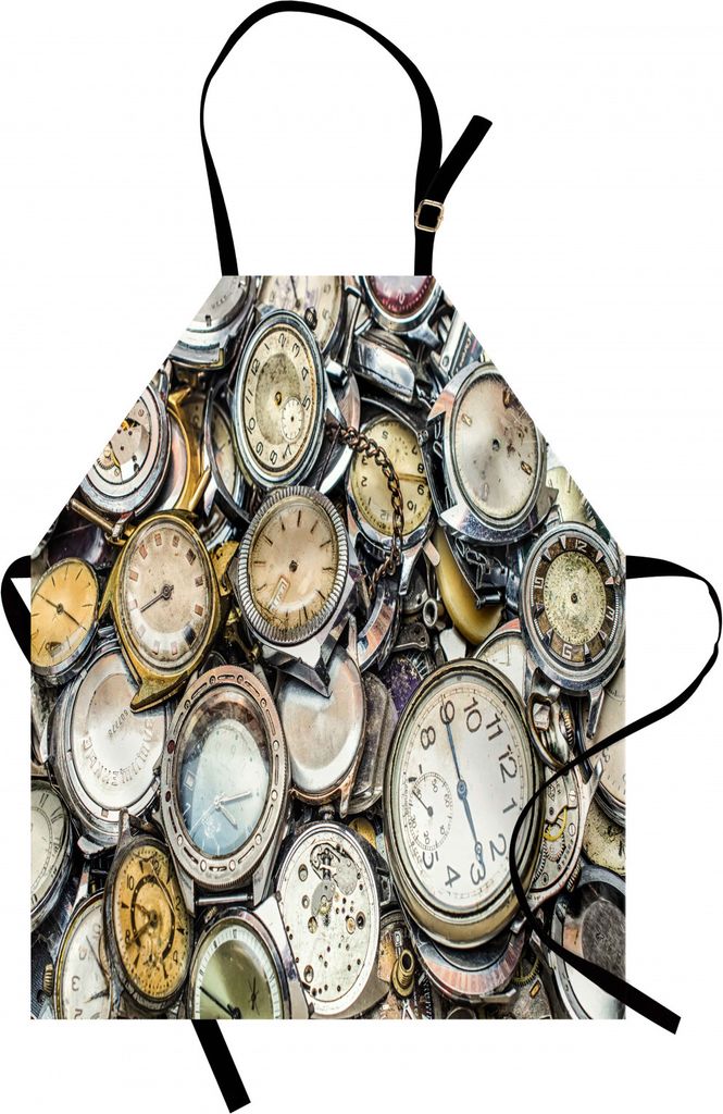 ABAKUHAUS Uhr Kochschürze, Antikes Thema EIN Stapel von Mehreren verschiedenen Vintage-Stil Uhren Retro-Muster Design, Farbfest Höhenverstellbar ...