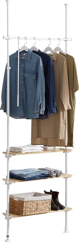 SoBuy KLS14-WN Teleskopstange Kleiderständer mit 1 Kleiderstange und 3 Ablagen Verstellbares Garderobenständer B 97 x H (193-262) cm Weiß & Natur
