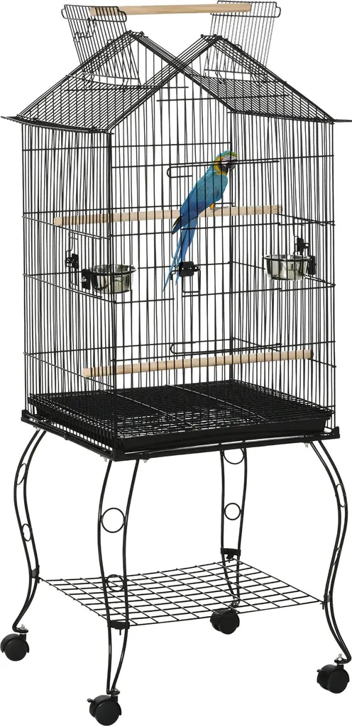 Volière d'intérieur haute noire pour oiseaux avec mangeoires intégrées