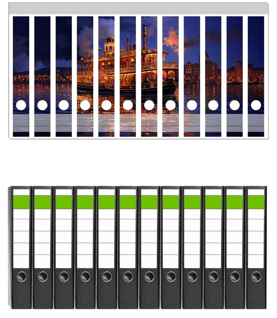 Wallario 12 Stück schmale Ordner inkl. Klebeetiketten mit Motive Nostalgische Nachtfahrt - Set mit Rückenschildern / Ordnerrücken Stickern
