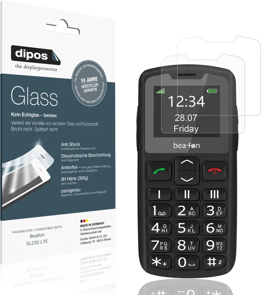 2x Pellicola Protettiva per Beafon SL230 LTE Protezione opaco Vetro Flessibile 9H dipos