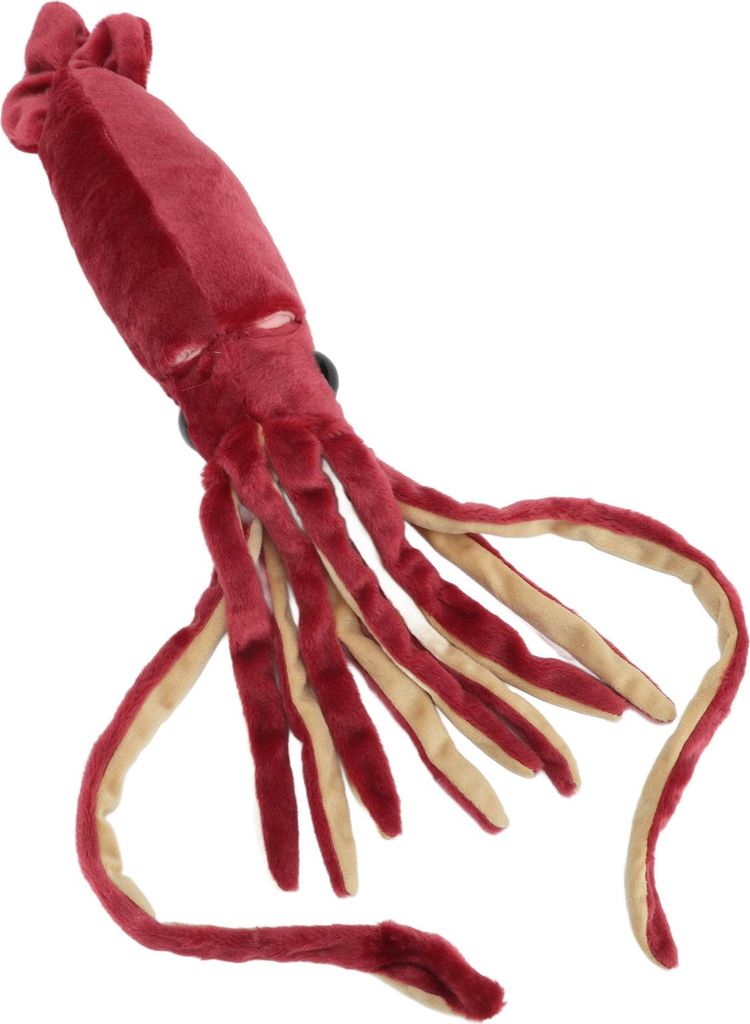 A plush toy squid against a white background.