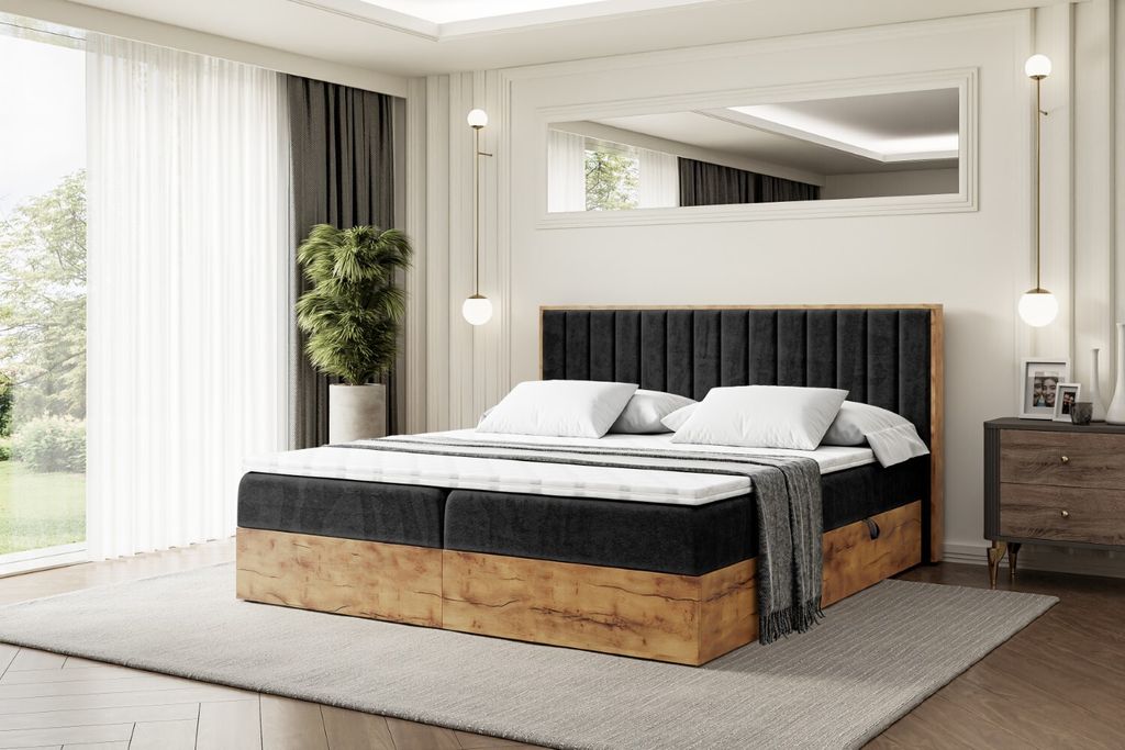 ALTDECOR Boxspringbett LOLLI4 mit H3-Matratze, Kopfteil und Bettkasten mit Eiche Holz - 200x200 - Schwarz Samt