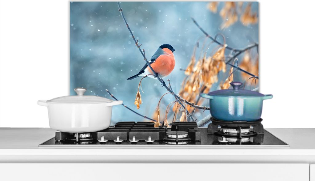 KitchenYeah Spritzschutz Küche - Küchenrückwand - Wandschutz für Herd und Spüle - Schnee - Vogel - Tier 60x40 - Alu-Dibond (Alternative zum...