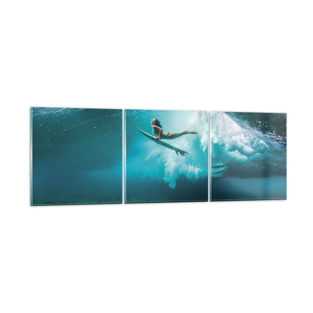 Bilder auf glas - 3 Teile - Surfen Unterwasser Frau - 120x40cm - Glasbilder - Wandbilder - Bilder - zum Aufhängen bereit - Wanddekoration aus Glas...