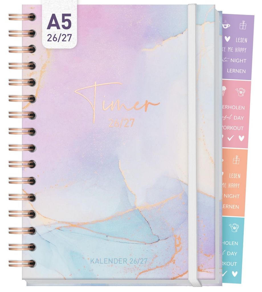 Häfft-Timer Fancy 2026/2027 / A5 / Bleu & Rosé / Produktbild 