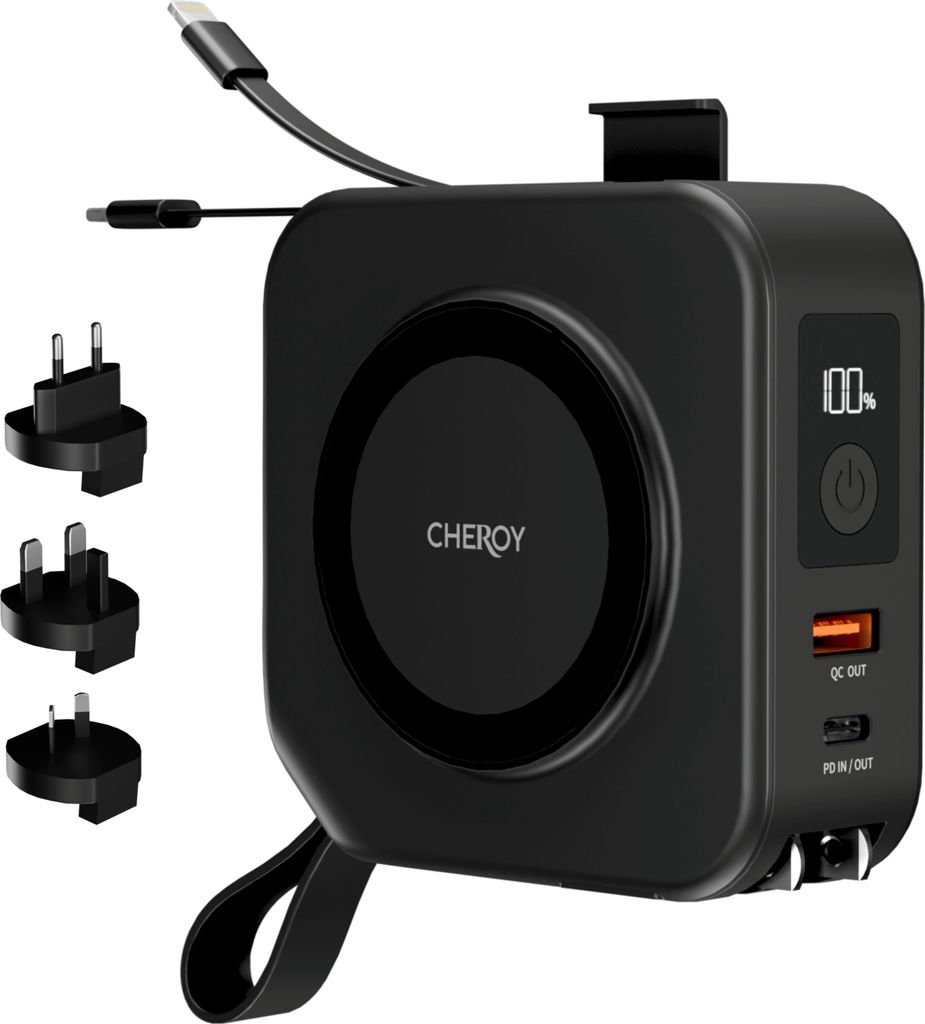 CHEROY ChargePack Multi - 5 in 1 Travel Power Bank - 10.000mAh Kabelloses Ladegerät - Weltstecker - Reisestecker - Schnellladegerät - MagSafe kom...