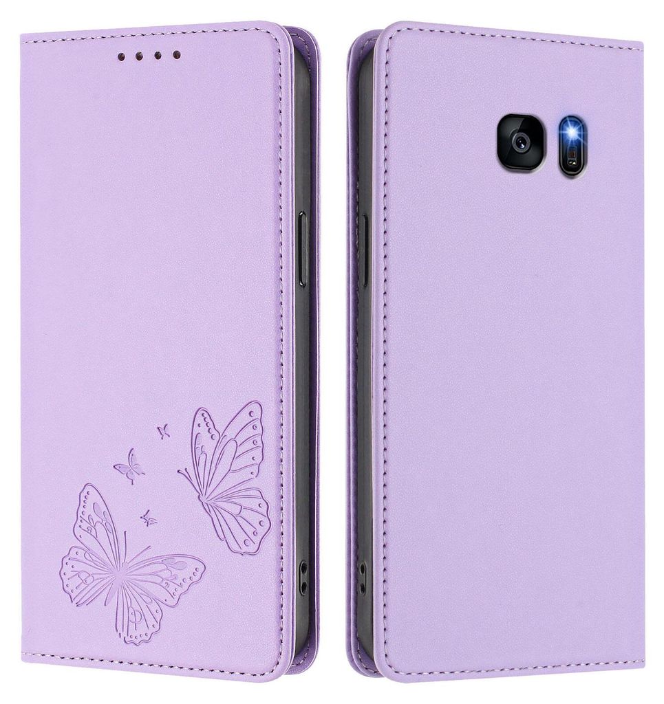 Lederhülle für Samsung Galaxy S7 Edge, Schmetterling Prägung Leder Brieftasche Schutzhülle mit Ständer Violett
