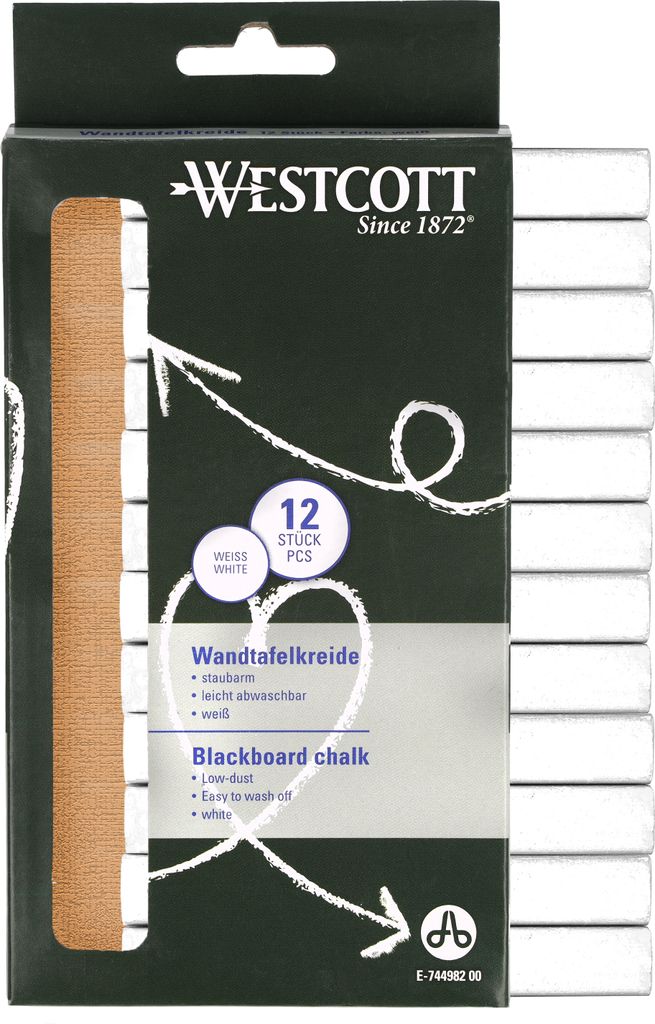 Westcott Kreide 12 Stück Weiss | 12er Pack Tafelkreide mit 1,2cm in deckendem Weiss | staubarm & leicht abwischbar | 8,5cm lange Kreidestifte ...