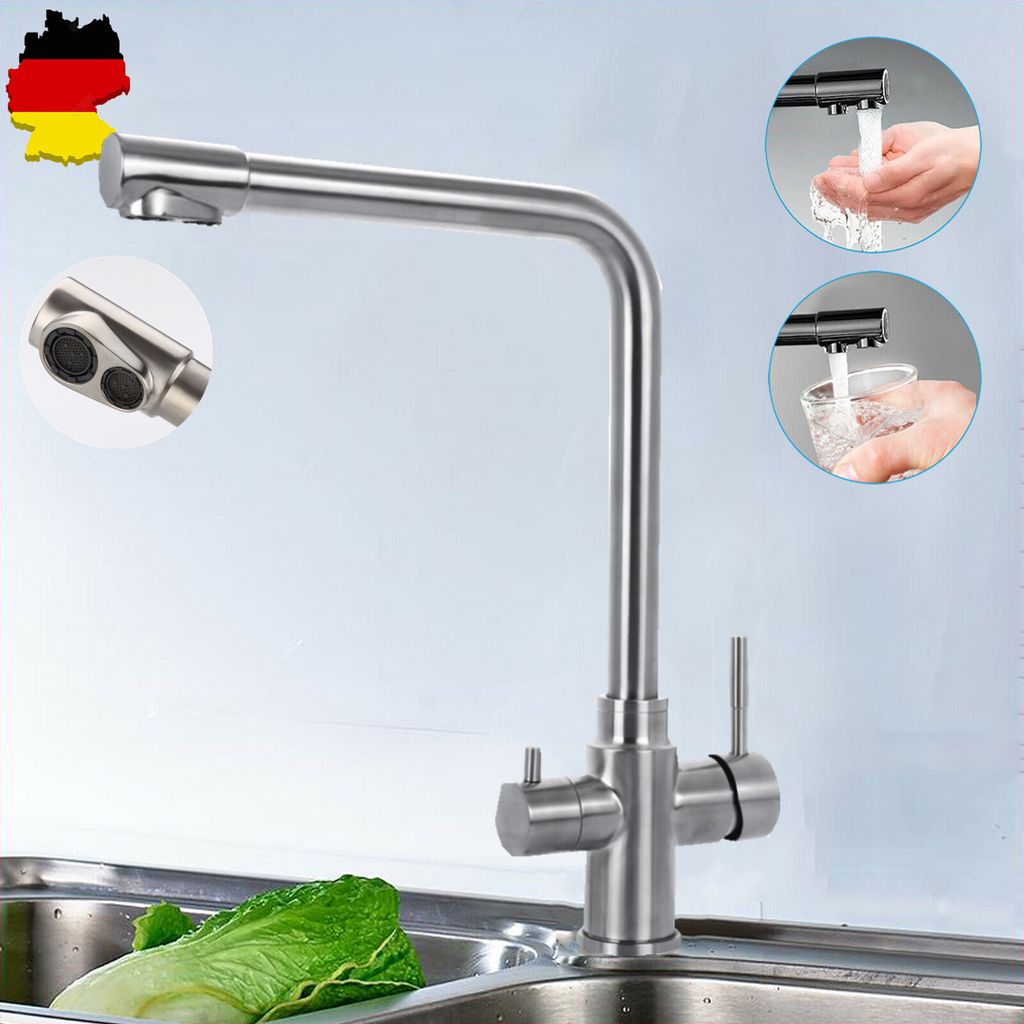 3-in-1 Küchenarmatur Mit Filteranschluss - 360° Drehbar, 2 Hebel, Verchromt, Für Kalt-, Warm- & Trinkwasser