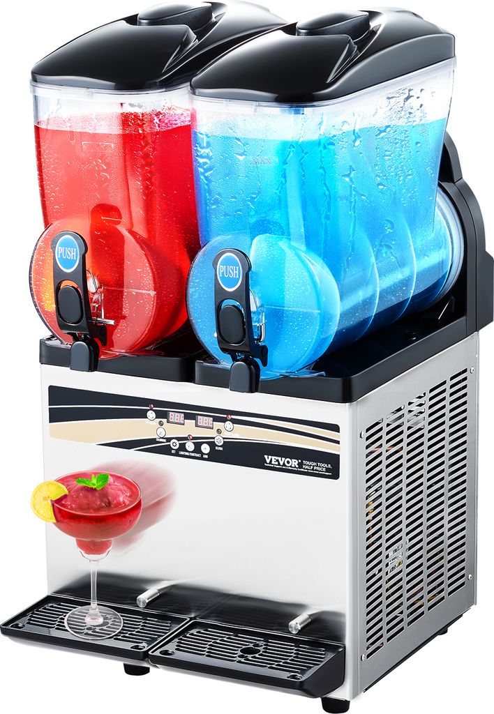 A commercial frozen drink maker with two tanks, one filled with red liquid and the other with blue liquid.