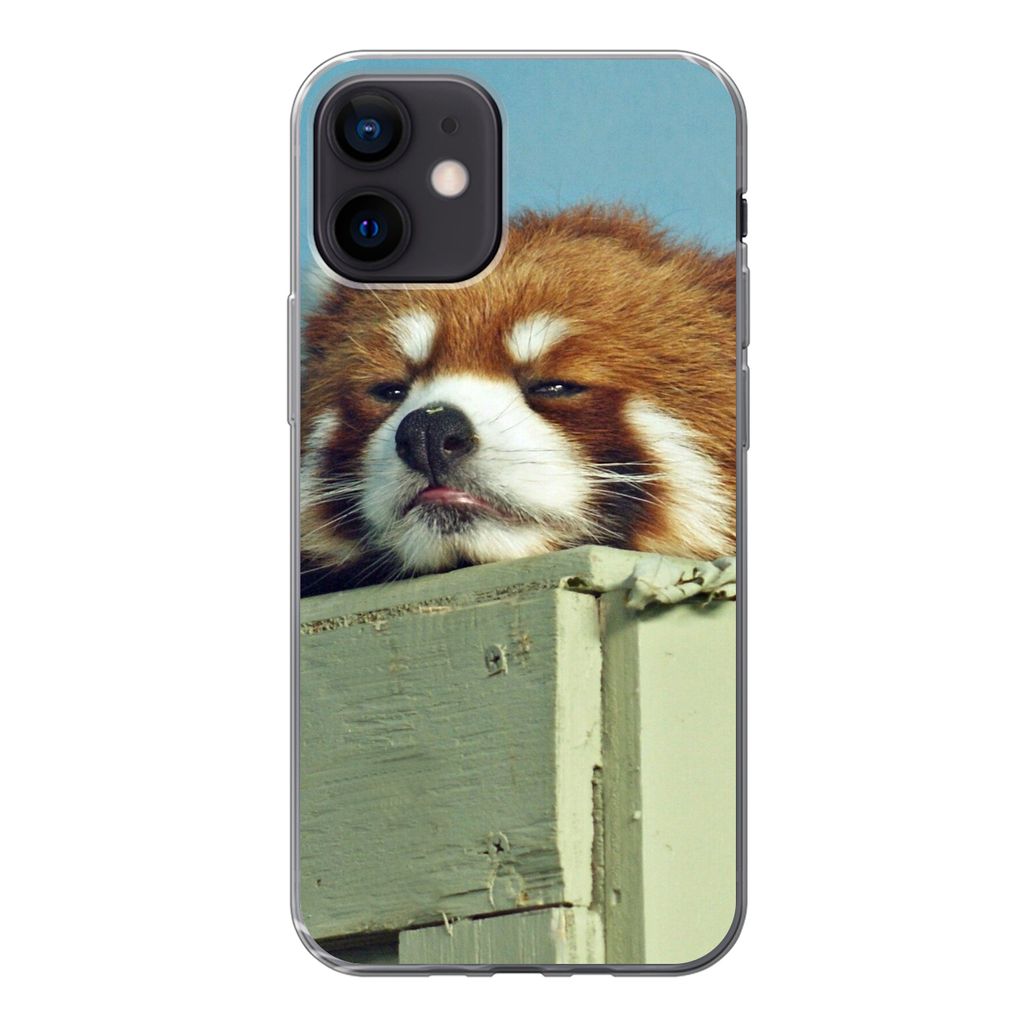 MuchoWow Handyhülle Schutzhülle Hülle für iPhone 12 Panda - Holz - Rot Silikon Softcase Handy Hülle - Schutzhülle