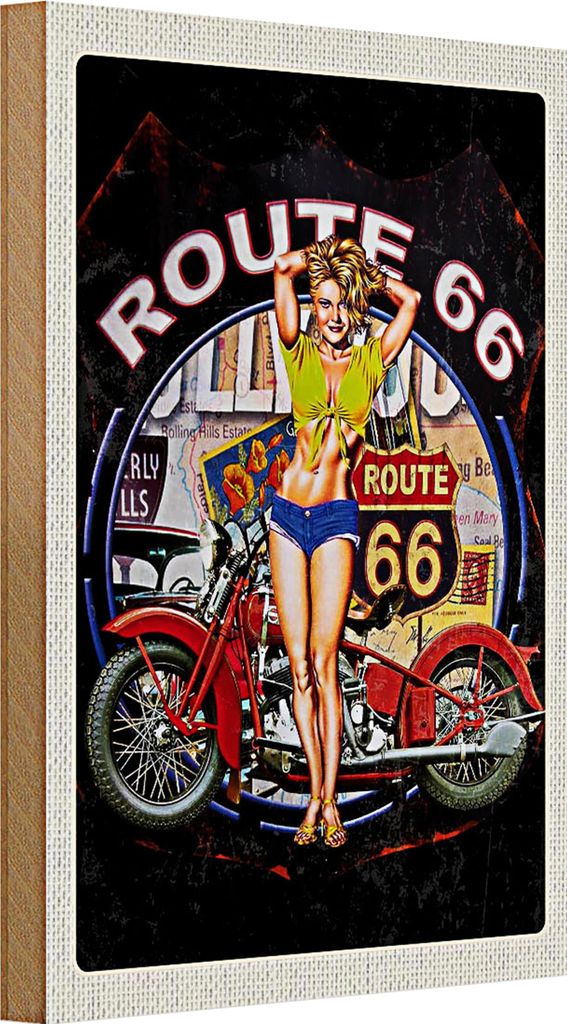 Holzschild Reise 20x30cm USA Amerika Route US 66 Biker Frau