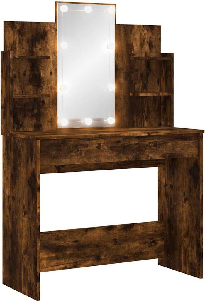 A vanity table with a mirror and LED lights.