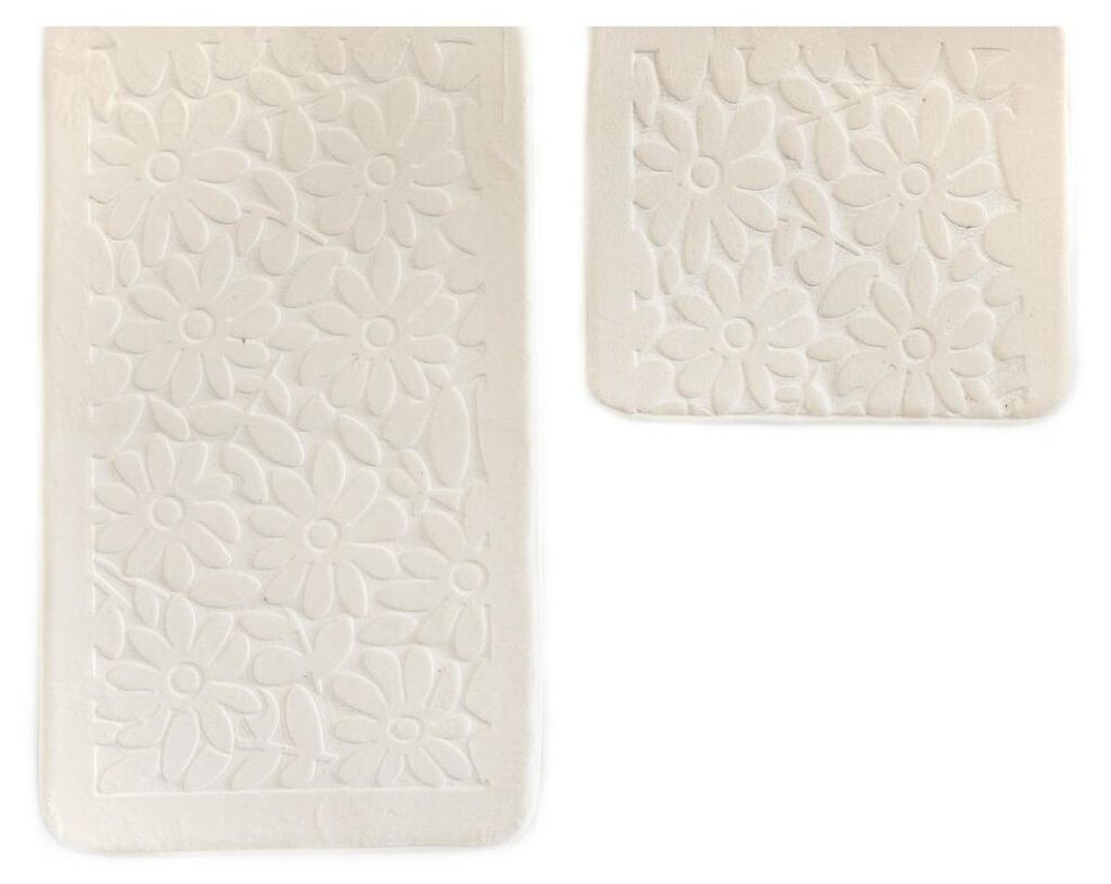 Almina Premium 2 teiliges Bademattenset aus Polyester Rutschfest Waschbar mit Blumenmotiv Creme