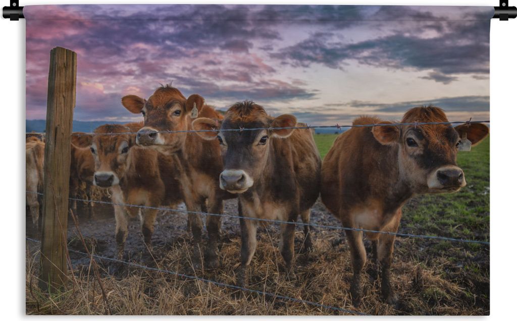 MuchoWow Wandteppich Wandbehang Kuh - Zaun - Himmel 90x60 cm Tapisserie Dekoration Wandtuch - Wandskulpturen - Bildteppich