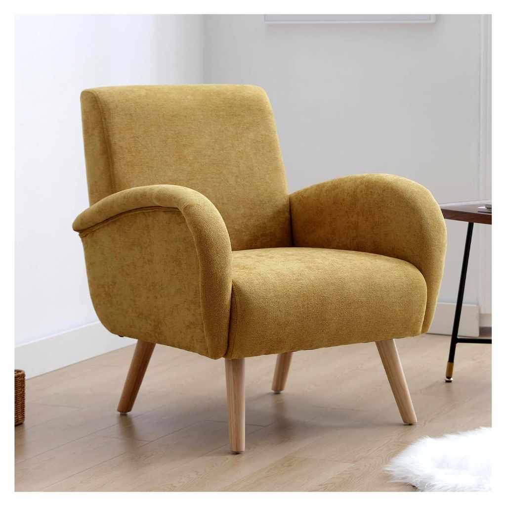 Chenille Loungesessel Ohrensessel für Wohnzimmer Polstersessel Einzelsofa für Schlafzimmer Akzentstuhl Relaxsessel mit Holzbeinen (Gelb)