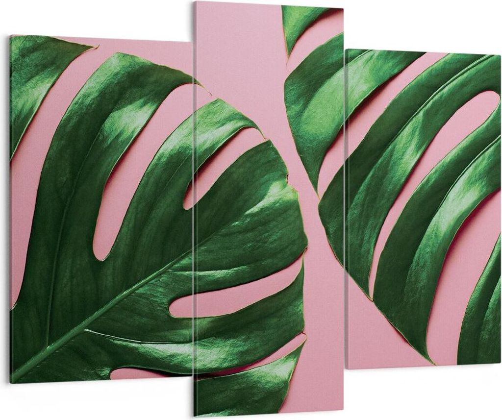 Bild auf Leinwand - Leinwandbild - 3 Teile - Monstera Blatt Rosa - 130x100cm - Wand Bild - Wanddeko - Wandbilder - Leinwanddruck - Bilder - Wanddek...