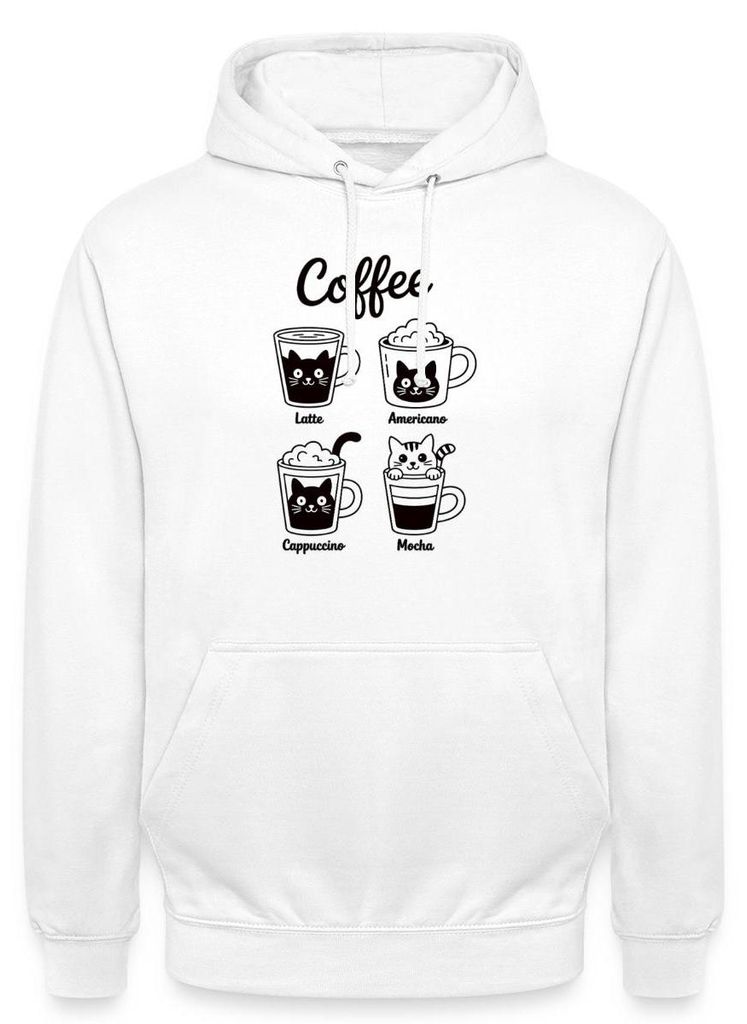 Spreadshirt Coffee Katzen | Latte Americano Cappuccino Mocha Uni Hoodie, M, Weiß