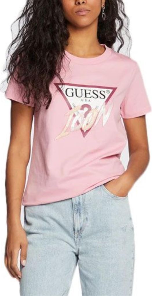 GUESS Damen T-Shirt ICON TEE Rosa Größe M