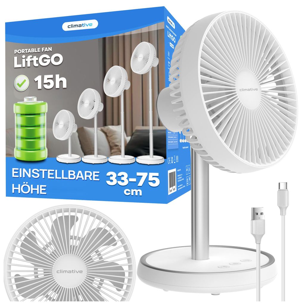 Ventilator Leise Tischventilator Akku Ø 20cm, 2in1 Höhenverstellbar 33-75cm LiftGo, 4000mAh, Table Fan für Büro, Schlafzimmer & Camping Ventilator
