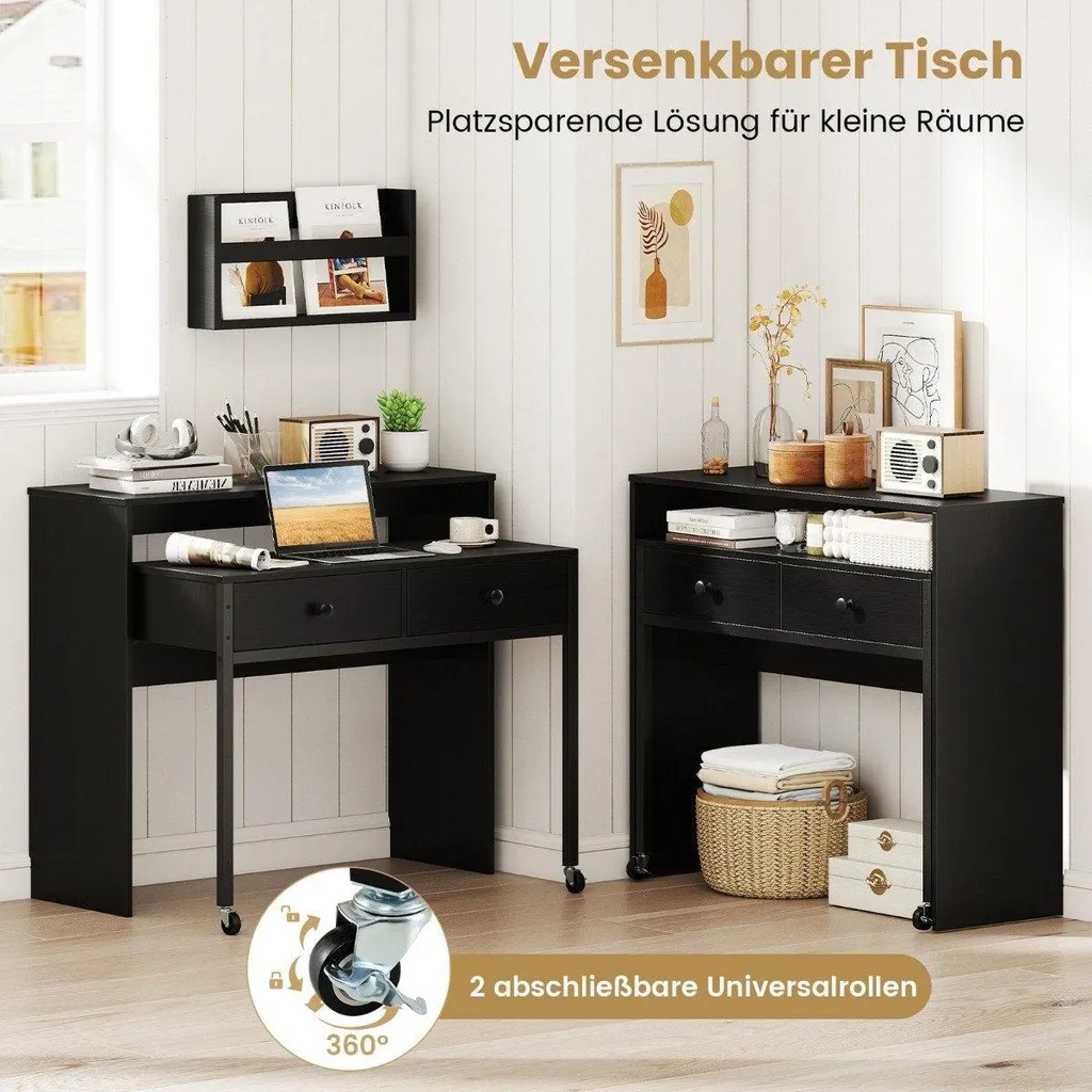 Bureau extensible noir solution gain de place avec tiroirs et roulettes - 4