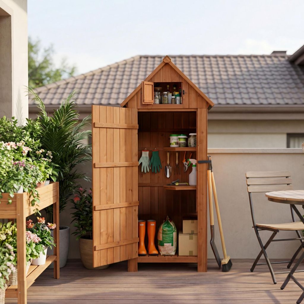 HOMAVO Gerätehaus Holz mit UV-Schutz Pultdach, Gartenhaus Holz mit Boden, 77 × 54.3 × 179 cm, Geräteschuppen für Garten, Terrasse, Hinterhof, ...