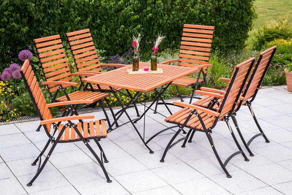 Merxx Schlossgarten Gartenmöbelset 7tlg., 6 Klappsessel, Rückenlehne 5-fach verstellbar, Klapptisch 120 x 80 cm, Flachstahl mit Eukalyptus