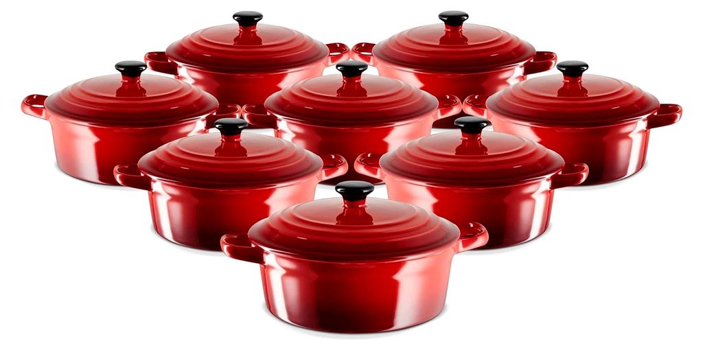 Auflaufform mit Deckel 8er Set, Rot 0,5 Liter klein, Keramik Steingut rund, Servierform mit Griffen, ofenfest 200°C & mikrowellenfest