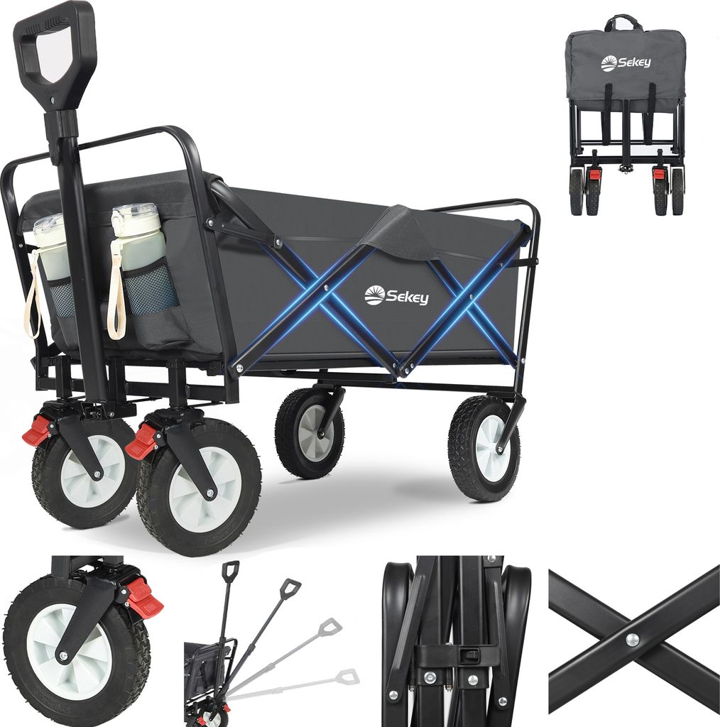 Sekey Handwagen klein Bollerwagen klappbar, Belastbar bis 200kg, Gartenwagen mit Stahlrahmen, EasyFold-Serie Grau