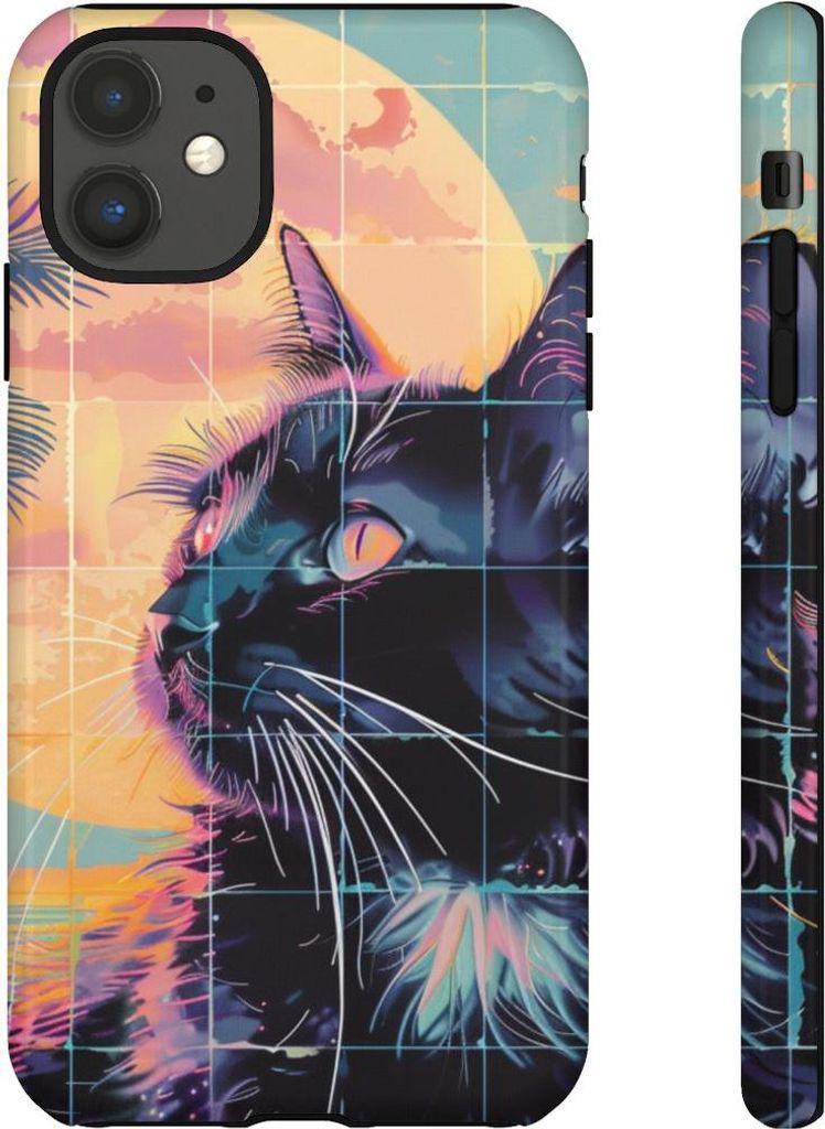 Lofi-Vaporwave-Katze vor Sonnenuntergang und Palmen – Hülle Kompatibel mit iPhone 11